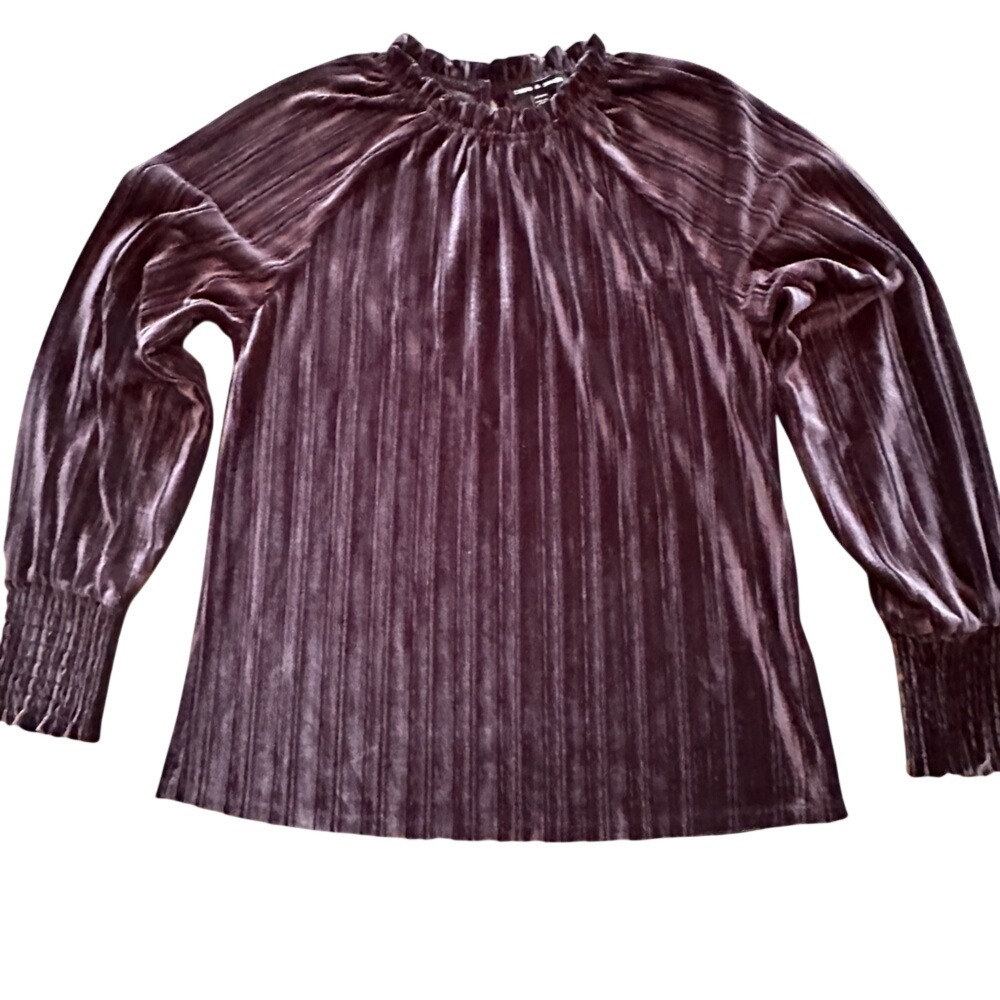 Cable & Gauge Pleated Velvet Blouse Women Medium Plum Excellent Ruffle Mock Neck